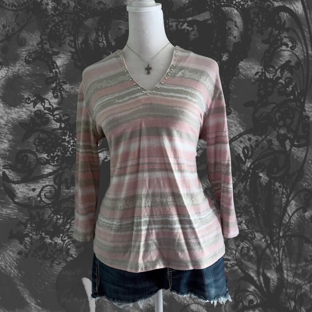 studded washed pastel pink white and light grey blended stripes top